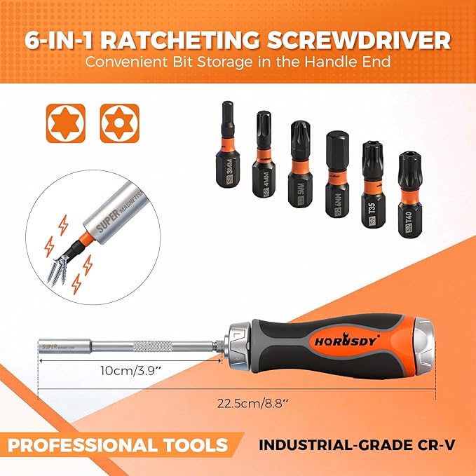 6-in-1 Ratcheting Screwdriver Set, Magnetic Multi-Bit Screwdriver with Built-in Premium S2 Bits & 126mm Extension Bar, Dad Mens Gifts for Christmas, All-in-One Tool for Home Repair, DIY